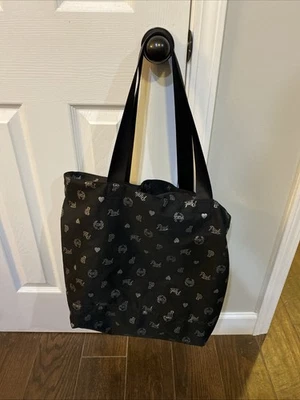 Victoria's Secret Pink Tote Bag Black Silver Heart Logo Shoulder Large Zip - Image 1 of 4