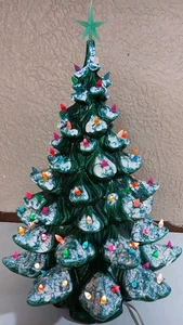 Vintage 24" Atlantic Mold Ceramic Green Lighted Christmas Flocked Tree 3 Piece - Picture 1 of 15
