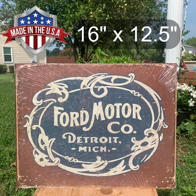 Vintage Ford Motor Company Detroit Metal Classic Sign Garage Historic Old Logo - Image 1 of 4