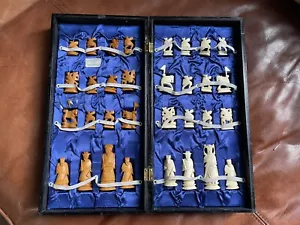 Handgeschnitztes Schachset Vintage Rinderknochen Honk Kong komplett Top Zustand - Bild 1 von 12