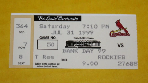 St. Louis Cardinals Ticket Stub | July 31 1999 | Todd Helton Dante Bichette HR Cover