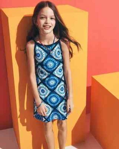 AQUA Tile Crochet Dress Girls' L 10-12 Blue Combo Scoop Neck Sleeveless Pullover - Picture 1 of 14