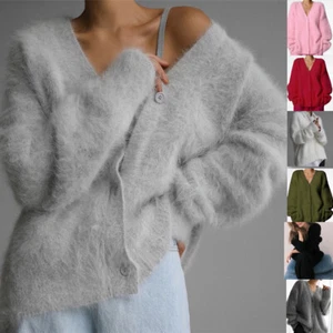 Fluffy Plain Sweater Jumper Cardigan Tops Casual Women Winter Warm Button V neck - Picture 1 of 22