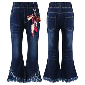 Girls Jeans Pants High Waist Ripped Flare Wide Leg Denim Tassel Hem Bell-Bottom - Picture 1 of 14