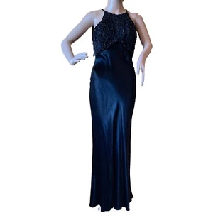 Vintage Y2k Cache Bias Cut Black Satin Slip Dress Maxi S Net Sequins Whimsigoth - Bild 1 von 23