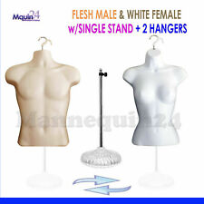 2 Mannequin Torsos w/2 Hangers +1 Stand*Flesh Male & White Female Dress Form Set