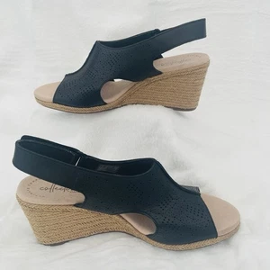 Clarks Lafley Rosen Wedge Sandals UK6D Black Leather Comfort Cushioned NEW nobox - Picture 1 of 14