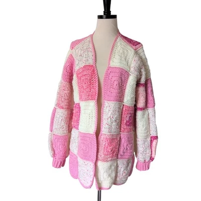 Handmade Crochet Granny Square Knit Cardigan Pink & White Patchwork OS L XL - Image 1 of 4