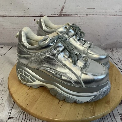 Buffalo London Snearker Mujer Talla 40 Clásico Plataforma Baja Plateado Cuero Napa Foto 1 de 4