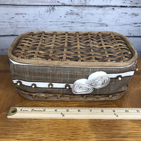 Decorative Basket W/ Hinged lid & Removable Cloth Liner W/ Flowers & Buttons Cover