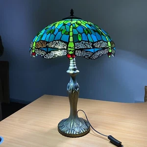 Tiffany Table Lamp 16inch Green Dragonfly style Shade Glass Art Bedside Home UK - Picture 1 of 17