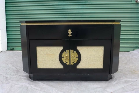 Black Lacquer Chinoiserie Console Cabinet Burled Wood Inset Two Door Storage MCM Cover