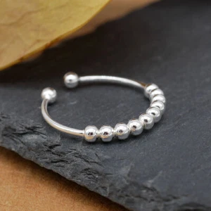 Anillo abierto delgado banda delgada con cuentas de plata esterlina 925 A3207 - Imagen 1 de 8