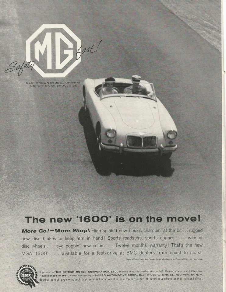 Anuncio impreso original 1960 MG MGA vintage: "¡El nuevo "1600" está en movimiento!"    BMC Foto 1 de 1