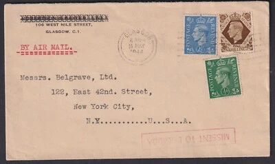 GREAT BRITAIN: (18907) MISSENT BERMUDA (BOX SIZE 54X9MM) CANCEL/COVER 1944 - Image 1 of 2