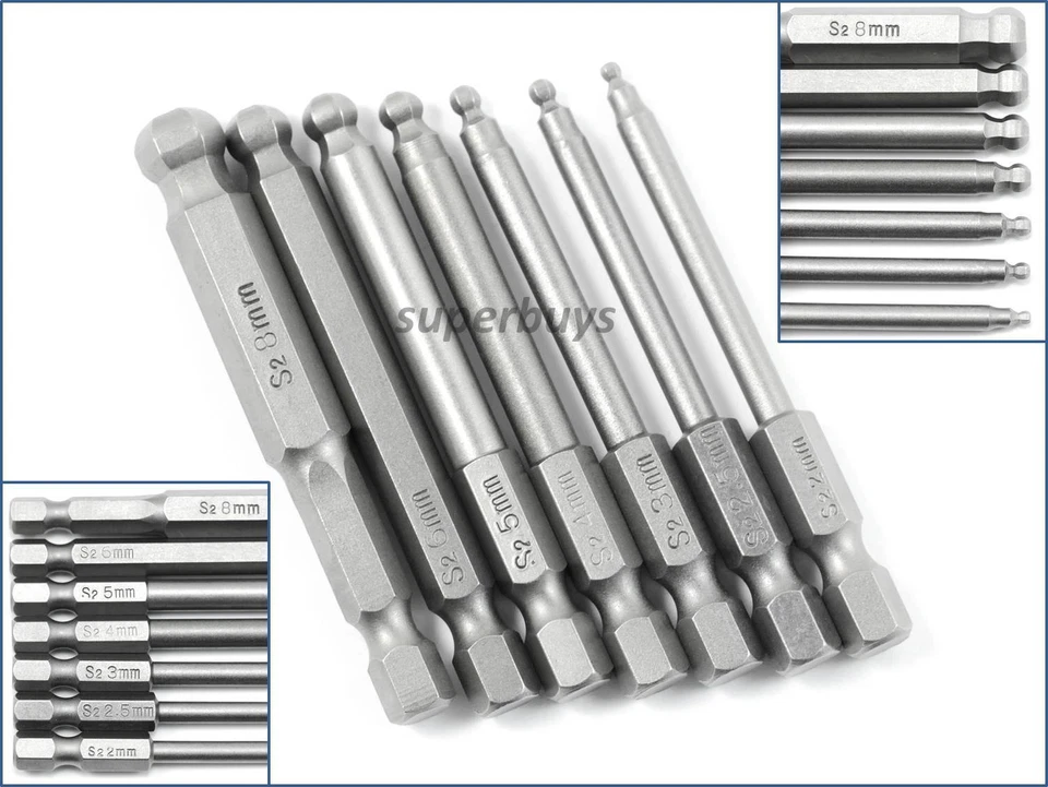 7pc M2 2.5 3 4 5 6 8 Metric Ball Head Tip Hex Shank Screwdriver Drill Bit Tool - Image 1 of 4