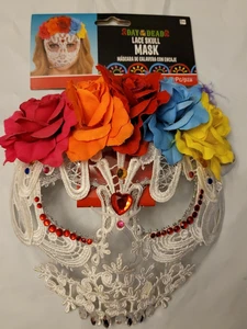 White Lace Skull Mask Day Dead Muertos Fancy Dress Halloween Costume Accessory - Picture 1 of 2