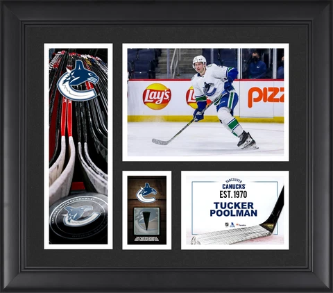 Tucker Poolman Canucks FRMD 15" x 17" Player Collage with a Piece of GU Puck Cover