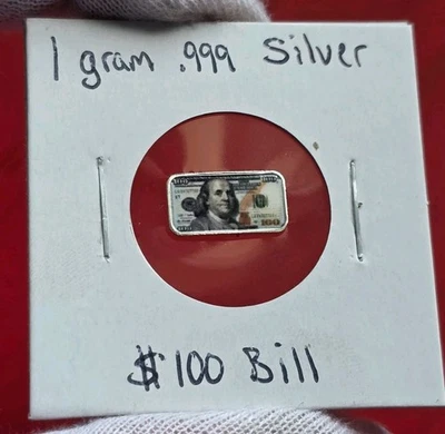 $100 Bill - 1 Gram .999 Fine Pure Silver Bullion Mini Art Colorized Bar Ingot - Image 1 of 2