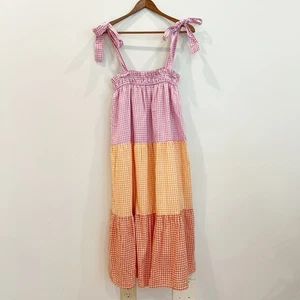 Entro Dress Womens Small Pink Orange Gingham Cotton Sleeveless Midi Tier Cottage - Picture 1 of 12