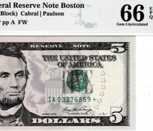 2006 $5 Federal Reserve STAR Note ⭐ Serial Numbers IA 03376859 ⭐ BOSTON PMG 66 - Picture 1 of 3