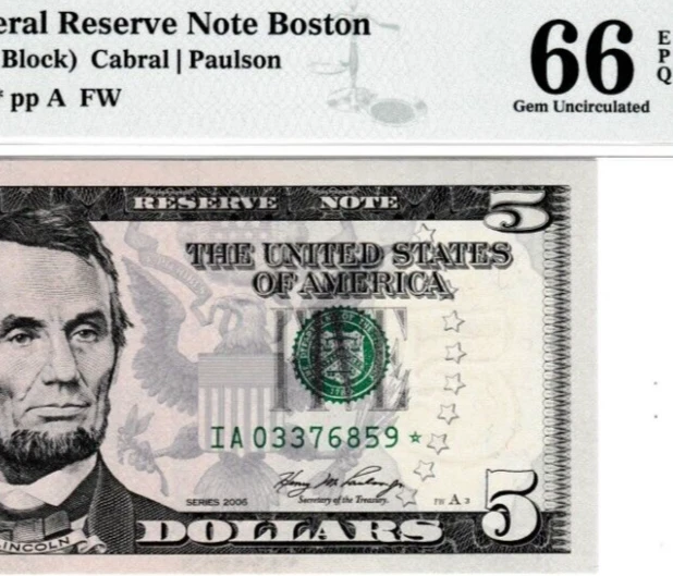 2006  $5  Federal Reserve STAR Note ⭐ Serial Numbers IA 03376859 ⭐ BOSTON PMG 66 - Image 1 of 3