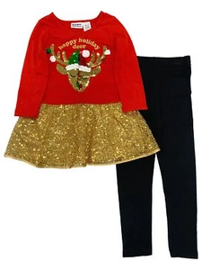 Blueberi Girls Red Flip Sequin Deer Outfit Christmas 2pc Shirt & Leggings Set - Picture 1 of 1
