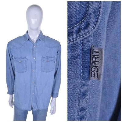 Esprit Vintage 80s 90s Denim Azul Camisa L Vaquero Pulsar Tachuela Rockabilly - Imagen 1 de 4
