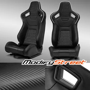Pair of White+Black PVC Carbon Fiber Reclinable Leather Racing Seats W/Silders - Picture 1 of 9