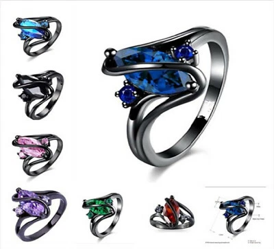 Blue Pink Topaz Marquis Black Titanium Ring Band US Size 5 - 11 Free Gift Box - Image 1 of 4