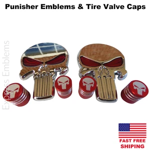 2x 3D Metal Punisher Sticker Emblem Silver + Skull Tire Valve Caps (Bundle) - Picture 1 of 6