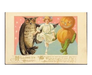 SCARCE! SCHMUCKER HALLOWEEN GIRL DANCING WITH OWL & PUMPKIN MAN…. - Picture 1 of 2