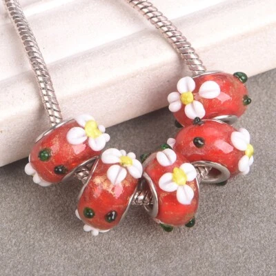5pcs 15mm Handmade Flower Murano Lampwork Glass European Charm Big Hole Beads - Image 1 of 3