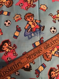 DORA THE EXPLORER AND DIEGO PLAYING SOCCER BLUE COTTON FABRIC 15” X 44” - Picture 1 of 1