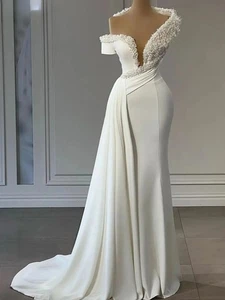 Elegant Deep V-neck Wedding Dresses Satin Pearls Mermaid Dress Bride Graceful - Picture 1 of 9