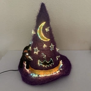 Sombrero de bruja púrpura vintage de fibra óptica de Halloween de 12" niños de América gato negro 01’ - Imagen 1 de 12