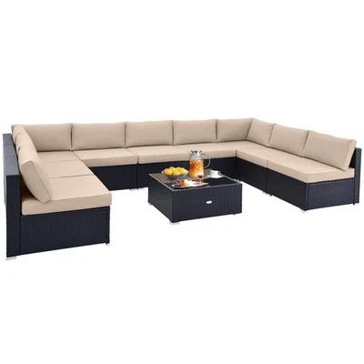 Juego de muebles de patio de ratán de 10 piezas para exterior sofá de mimbre mesa asiento acolchado beige Foto 1 de 4