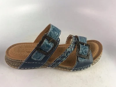 L'Arstiste By Spring Step Astra Blue Embossed Leather Slide Sandal 41- 9.5/ 10 - Image 1 of 4
