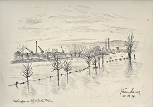 Mainhochwasser in Offenbach, 1947, sign. Kainzbauer.30x22 cm, Bleistiftzeichnung - Bild 1 von 1
