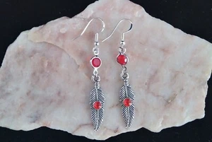 Tibetan Silver Feather, Red Diamante Bead , 925 Silver Hook Earrings. Handmade. - Picture 1 of 6