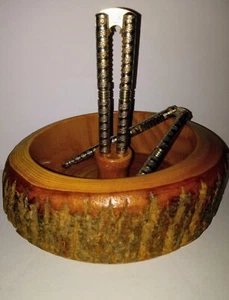 Vintage Wooden Nut Bowl With Two Nutcrackers 6 1/2 × 2 1/2 - Picture 1 of 2