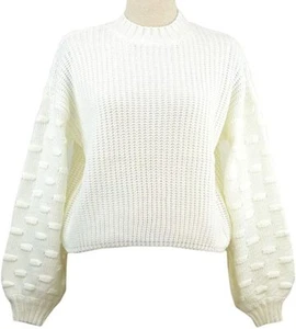 Women's Loose Crewneck Cable Knit Lantern Sleeve Jumper Sweater Chunky Pullover - Picture 1 of 7