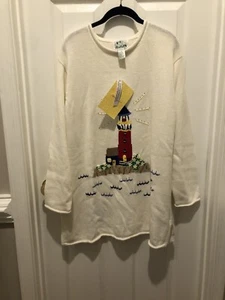 Quacker Factory Damen 1X Large weißer Strickpullover Leuchtturm bestickt - NEU - Bild 1 von 21