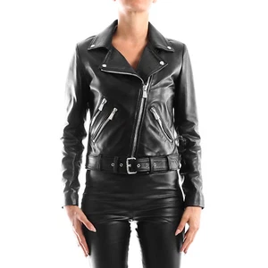 ITALIAN HANDMADE WOMEN LAMB GENUINE LEATHER BIKER JACKET SMOOTH BLACK - Picture 1 of 9