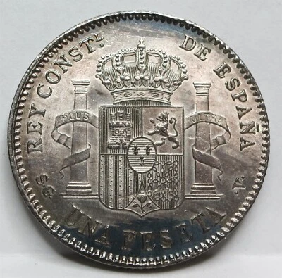 SPAIN silver UNA 1 peseta 1899 (99) SGV AU - UNC King Alfonso Pillars Child #A98 - Image 1 of 4
