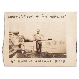 USS Middlesex at Mouth of Gironde River - 1918 Photo - WWI Sailor & Gun - France - Picture 1 of 2
