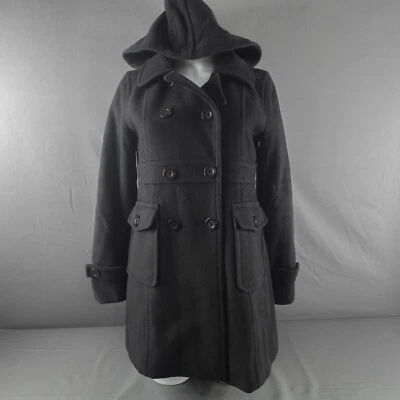 Peacoat Nine West Feminino 6 Preto Mistura de Lã Com Capuz Retrô Preppy Mod Academia - Imagem 1 de 4