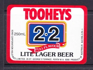 BEER LABELS:   TOOHEYS  2.2 LITE LAGER BEER   250ml - Bild 1 von 1