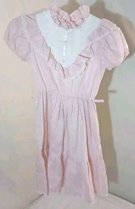 VTG Dress 60s 70s Montgomery Ward Girls Pink Polka Dot Lace Ruffles SZ 7 - Picture 1 of 9