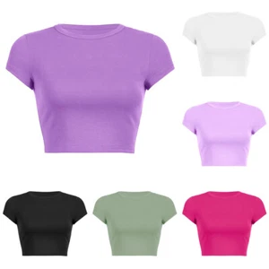 Women Short Sleeve Crop Tops Round Neck Slim-Fit T Shirt Top Casual Workout - Picture 1 of 36